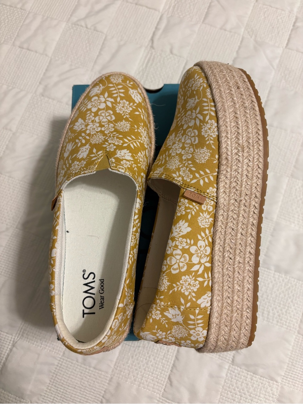TOMS Mustard Yellow Floral Platform Espadrille Slip-On
